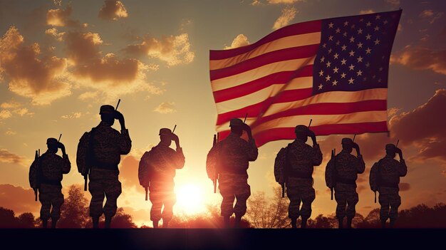 Soldiers in front of an American flag with